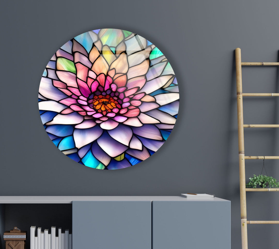 Pink Flower Details Stained Round Glass Wall Art Glass Printing Wall Art, Print photos on glass
