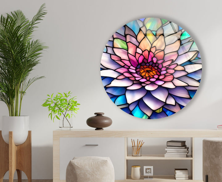 Pink Flower Details Stained Round Glass Wall Art glass photo prints, glass picture prints
