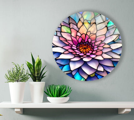 Pink Flower Details Stained Round Glass Wall Art