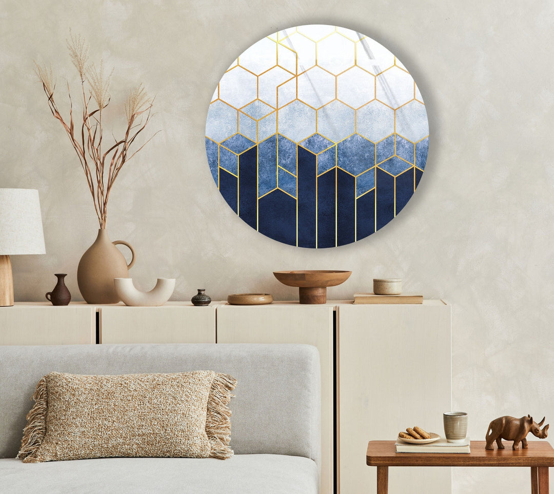 Gold Hexagons Patterned Round Glass Wall Art glass art painting, glass art for the Wall
