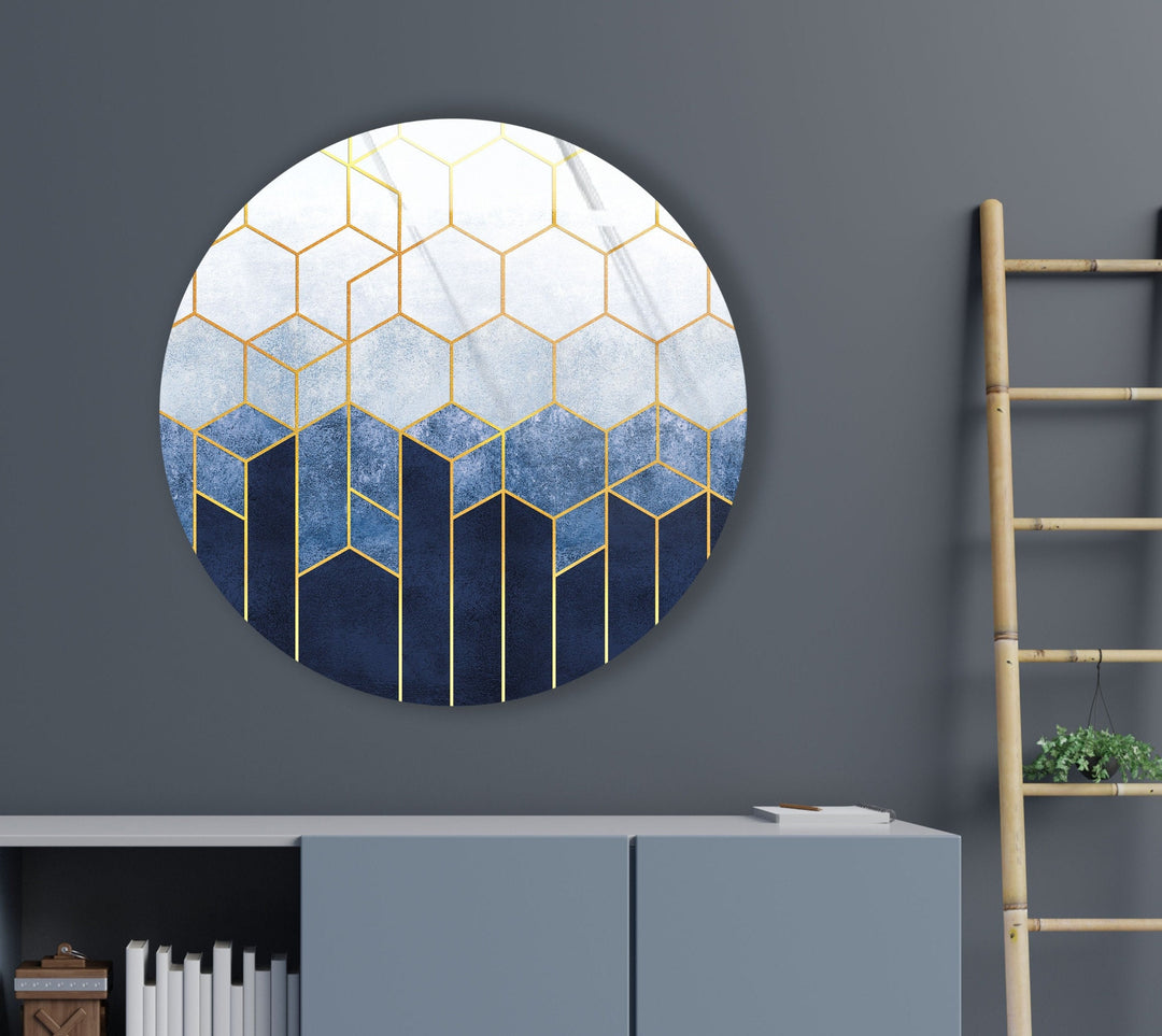 Gold Hexagons Patterned Round Glass Wall Art glass pictures for Wall, glass prints wall art
