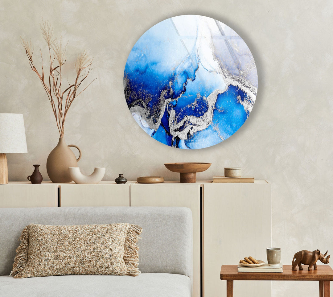 Blue Marble Round with Silver Details Glass Wall Art glass art painting, glass art for the Wall
