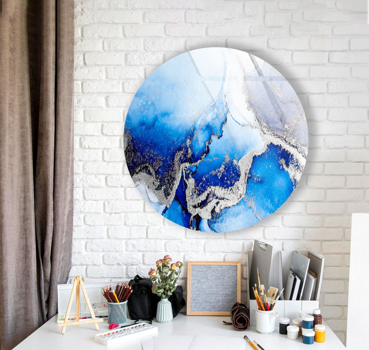 Blue Marble Round with Silver Details Glass Wall Art Glass Printing Wall Art, Print photos on glass
