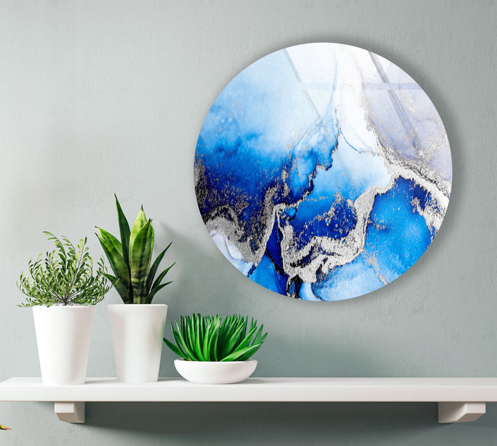 Blue Marble Round with Silver Details Glass Wall Art glass image printing, glass prints from photos
