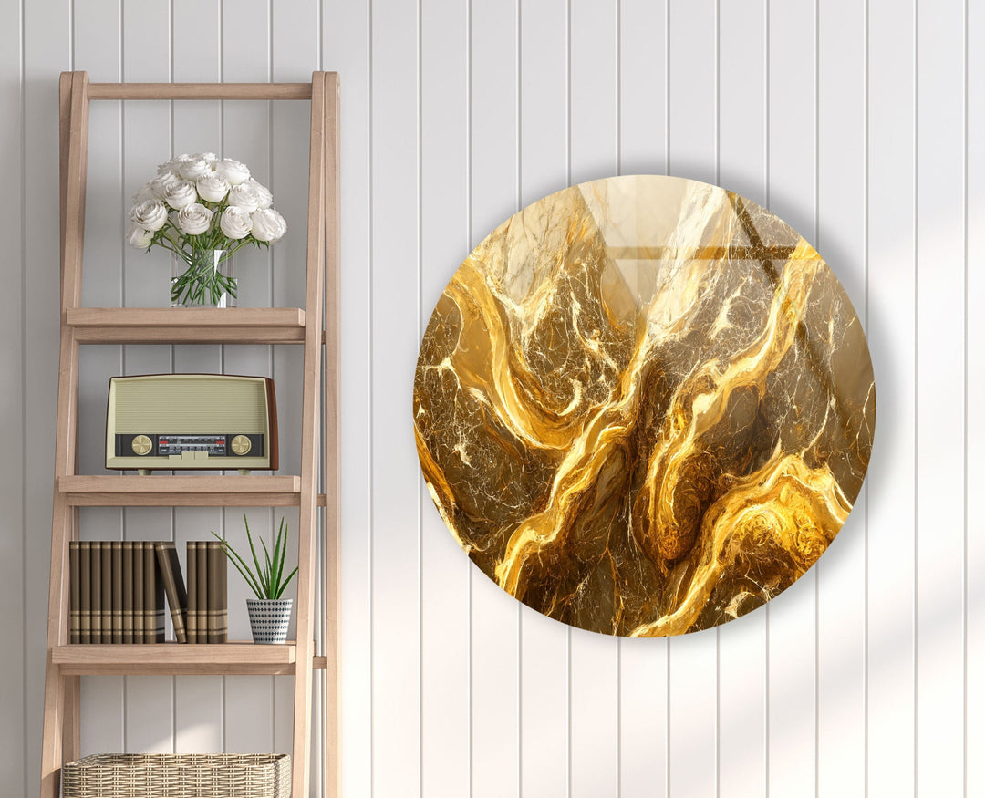 Gold Marble Abstract Round Glass Wall Art glass art painting, glass art for the Wall