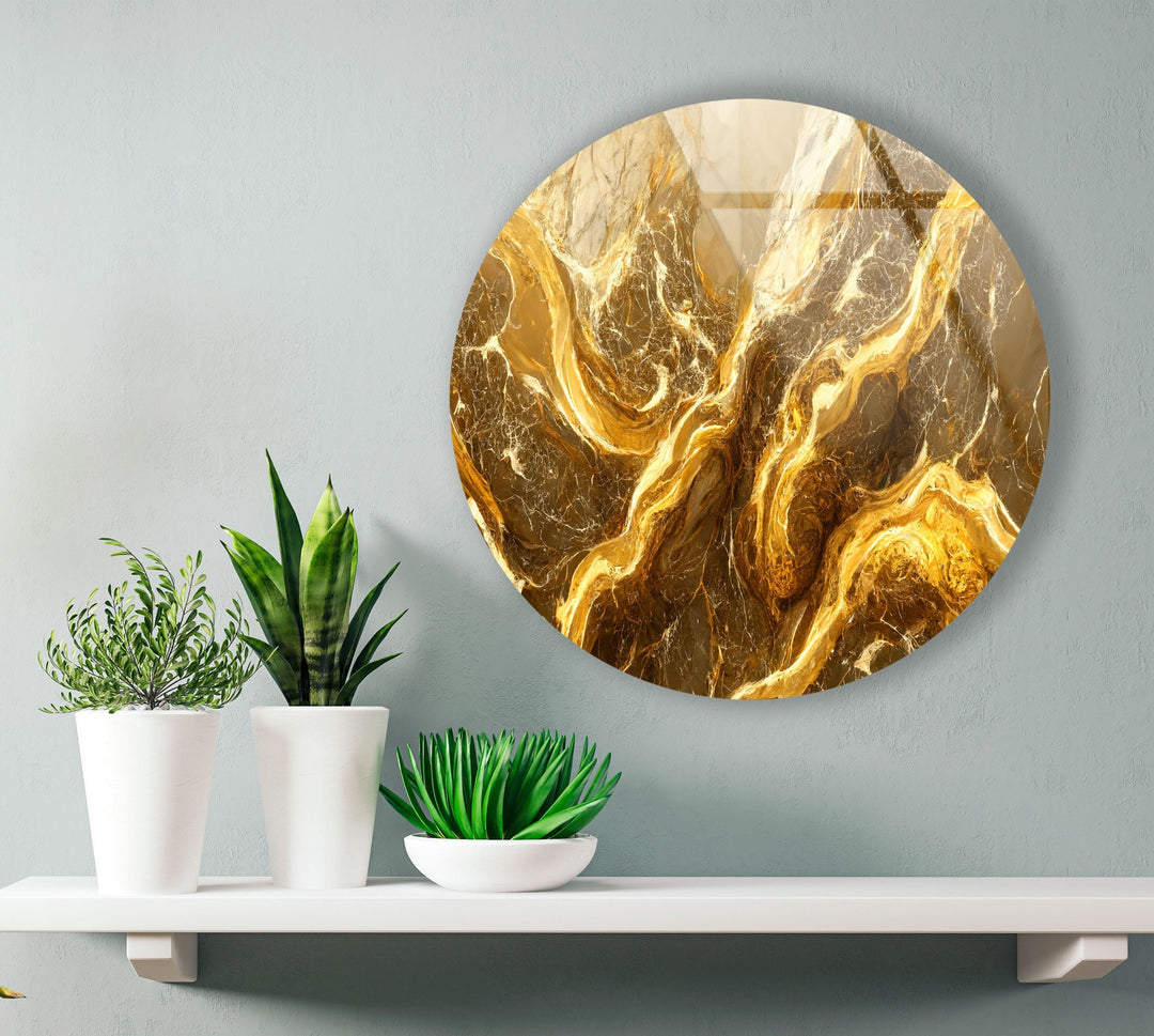 Gold Marble Abstract Round Glass Wall Art glass pictures for Wall, glass prints wall art