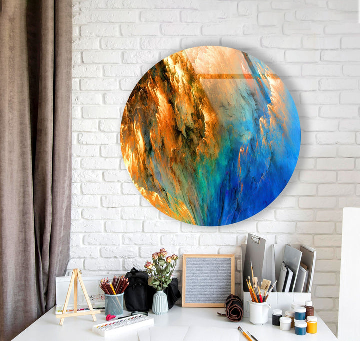 Blue & Orange Abstract Round Glass Wall Art glass wall decor, glass wall art decor
