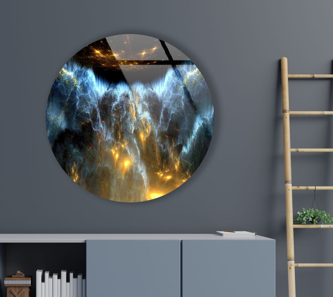 Blue & Gold Abstract Round Glass Wall Art glass pictures for Wall, glass prints wall art
