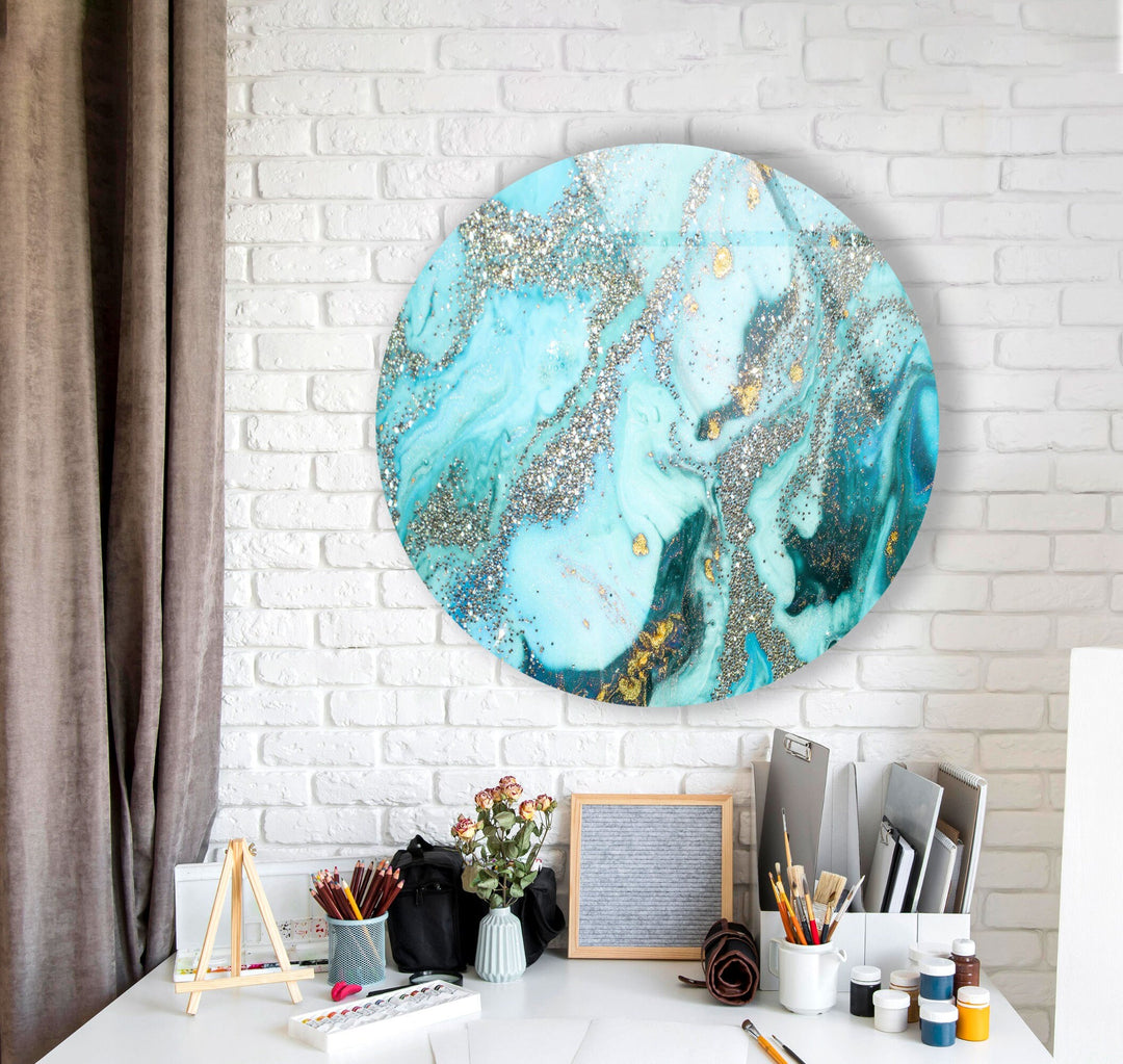 Blue Marble with Silver Details Round Glass Wall Art Glass Printing Wall Art, Print photos on glass