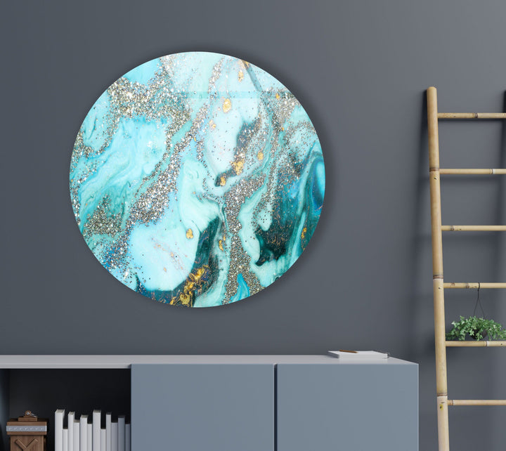 Blue Marble with Silver Details Round Glass Wall Art glass image printing, glass prints from photos