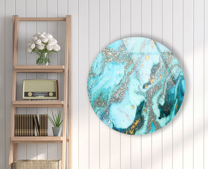 Blue Marble with Silver Details Round Glass Wall Art glass pictures for Wall, glass prints wall art