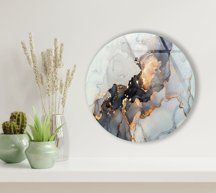 Gold Details Gray Marble Round Glass Wall Art Glass Printing Wall Art, Print photos on glass
