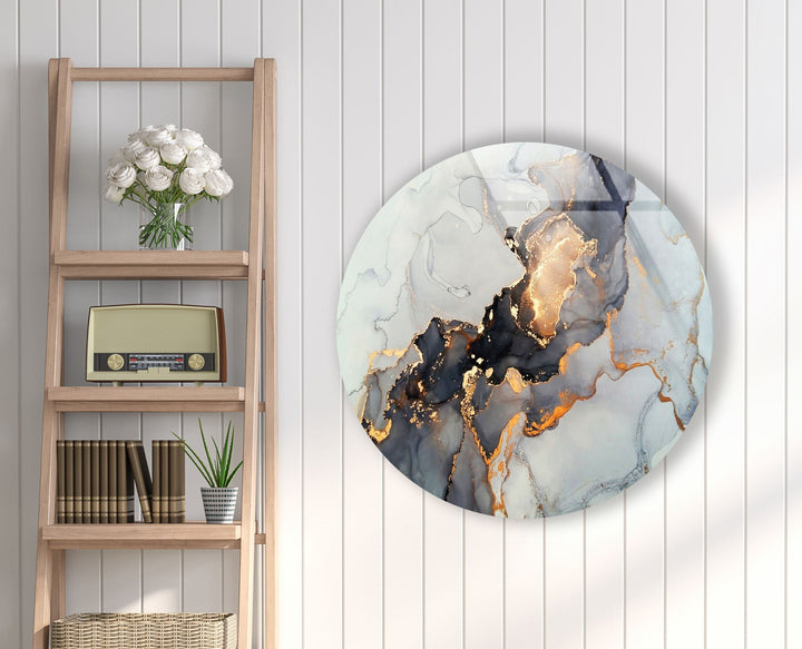 Gold Details Gray Marble Round Glass Wall Art glass photo prints, glass picture prints
