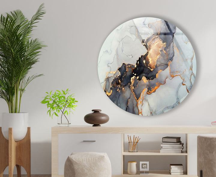 Gold Details Gray Marble Round Glass Wall Art glass pictures for Wall, glass prints wall art
