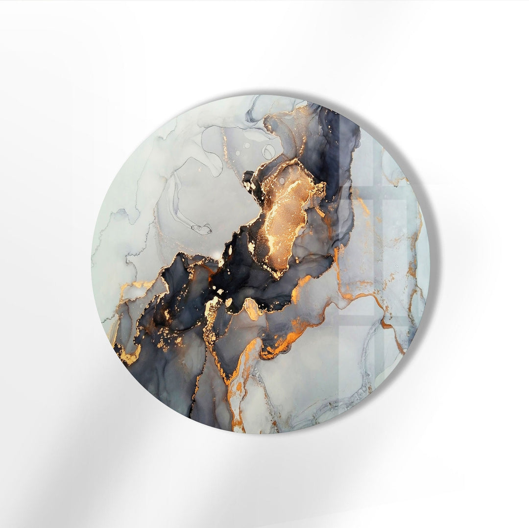 Gold Details Gray Marble Round Glass Wall Art glass art painting, glass art for the Wall
