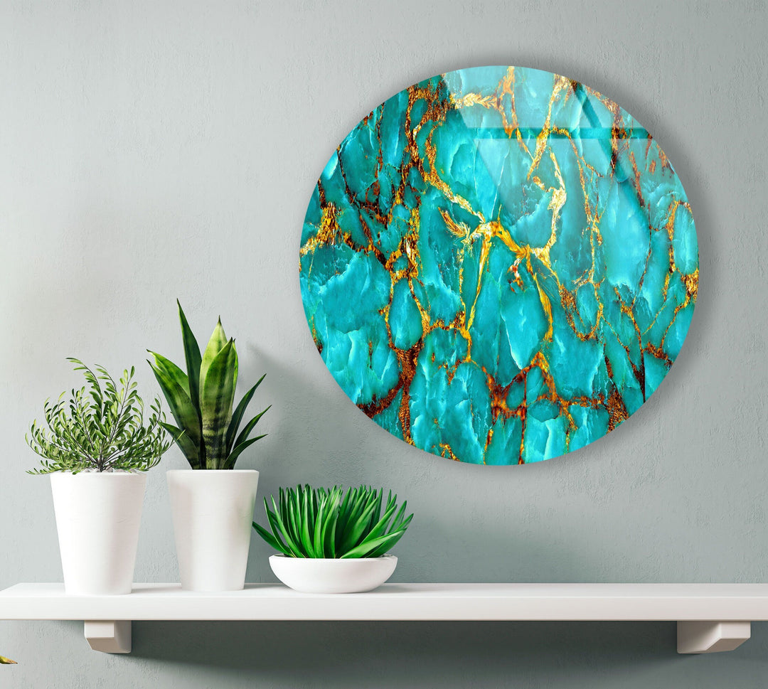 Green Marble with Gold Veins Round Glass Wall Art custom glass pictures, glass art prints