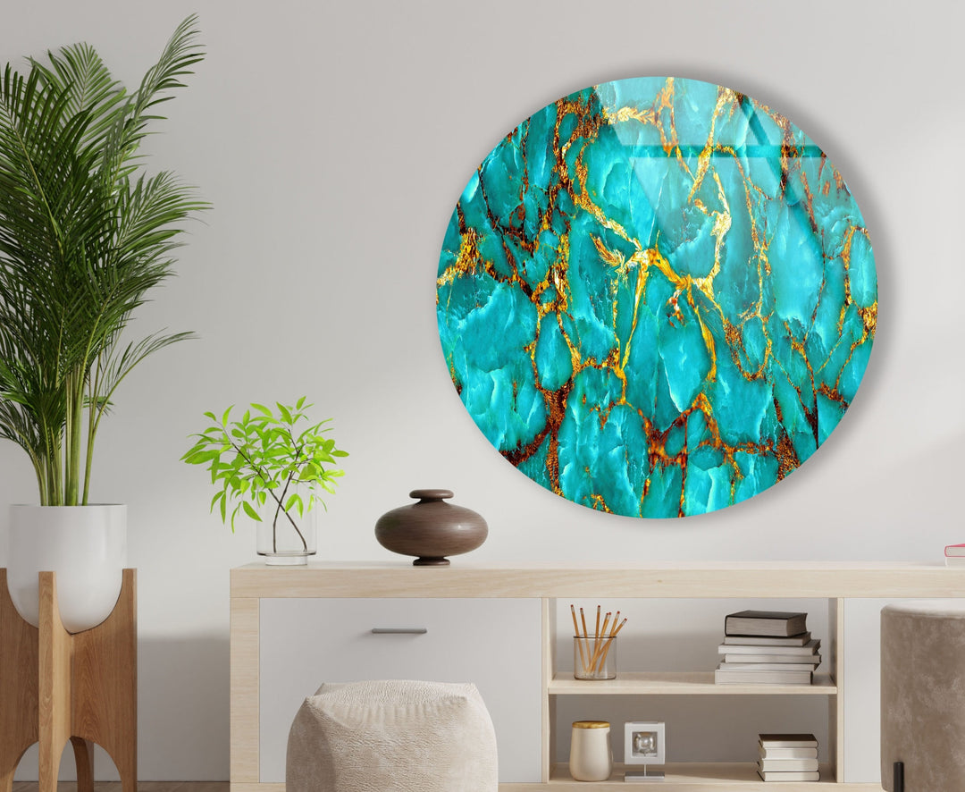 Green Marble with Gold Veins Round Glass Wall Art photo print on glass, prints on glass wall art