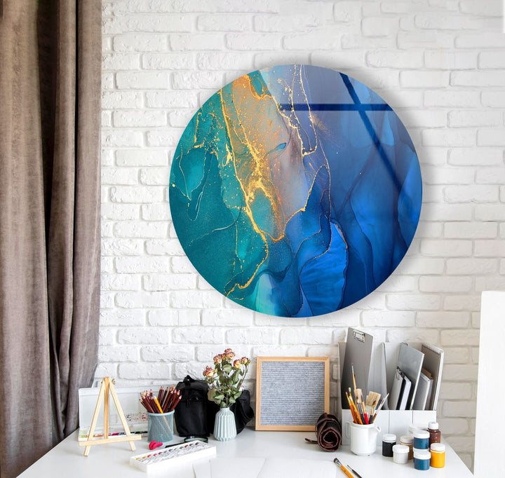 Modern Blue Marble Abstract Round Glass Wall Art glass image printing, glass prints from photos