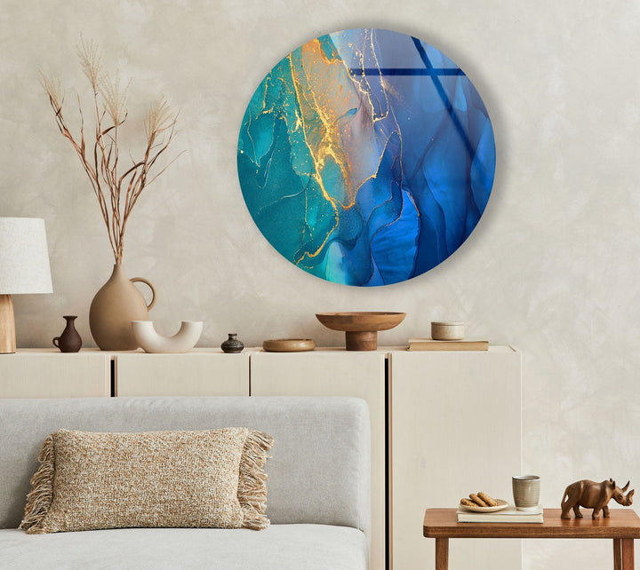 Modern Blue Marble Abstract Round Glass Wall Art custom glass photo prints, large glass prints