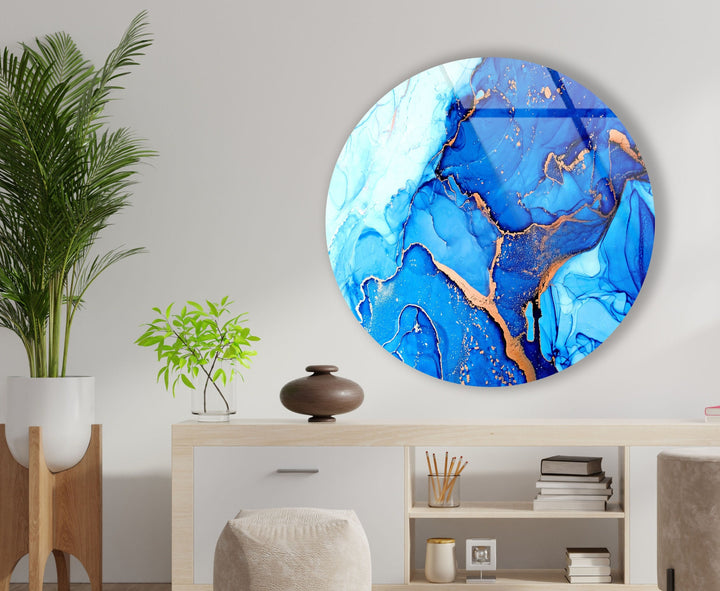 Dark Blue Marble Round Glass Wall Art glass pictures for Wall, glass prints wall art