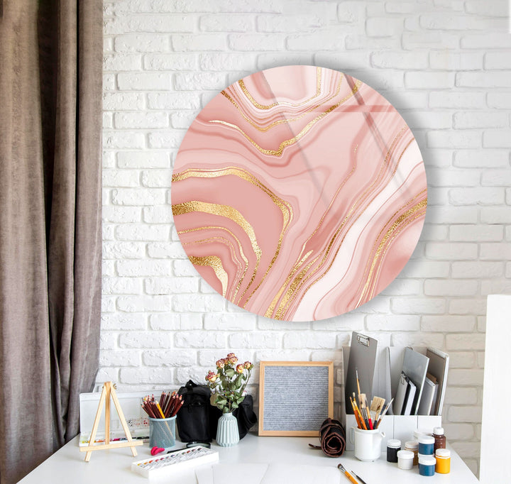 Pink Abstract with Gold Details Round Glass Wall Art stained glass wall art, stained glass wall decor
