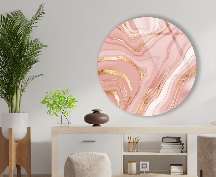 Pink Abstract with Gold Details Round Glass Wall Art glass art painting, glass art for the Wall
