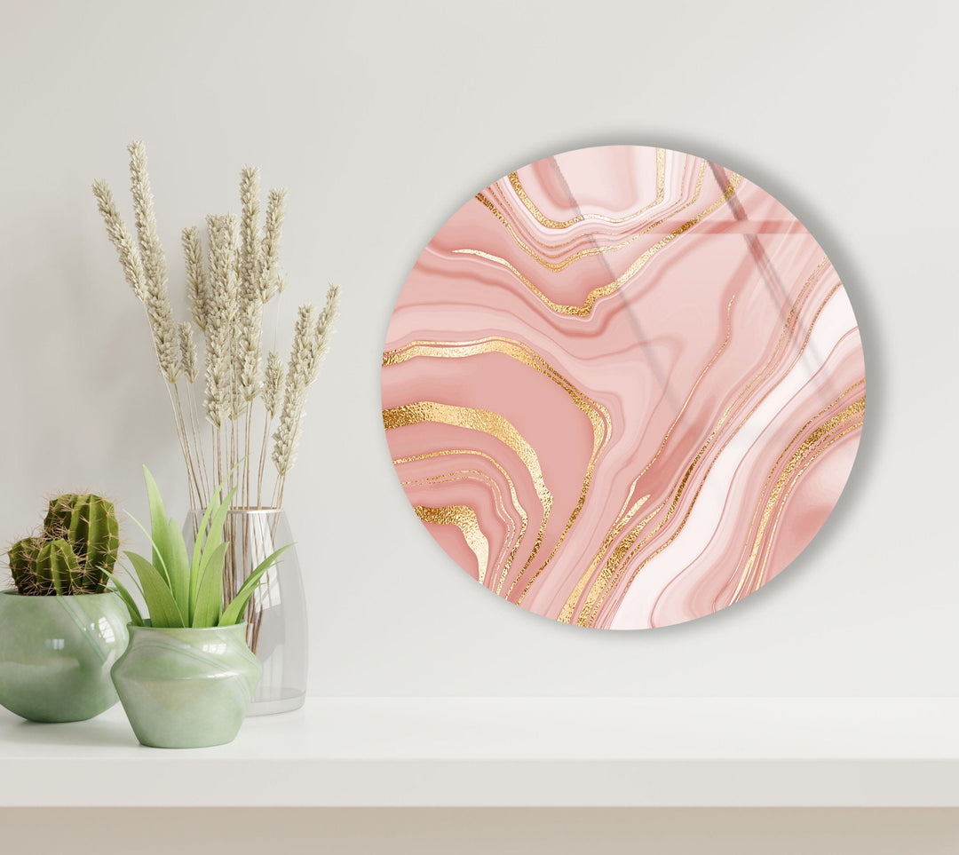 Pink Abstract with Gold Details Round Glass Wall Art art glass wall art, glass wall art pictures
