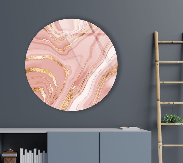 Pink Abstract with Gold Details Round Glass Wall Art Glass Printing Wall Art, Print photos on glass
