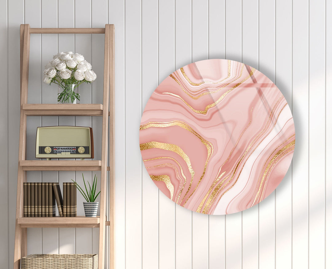 Pink Abstract with Gold Details Round Glass Wall Art glass image printing, glass prints from photos
