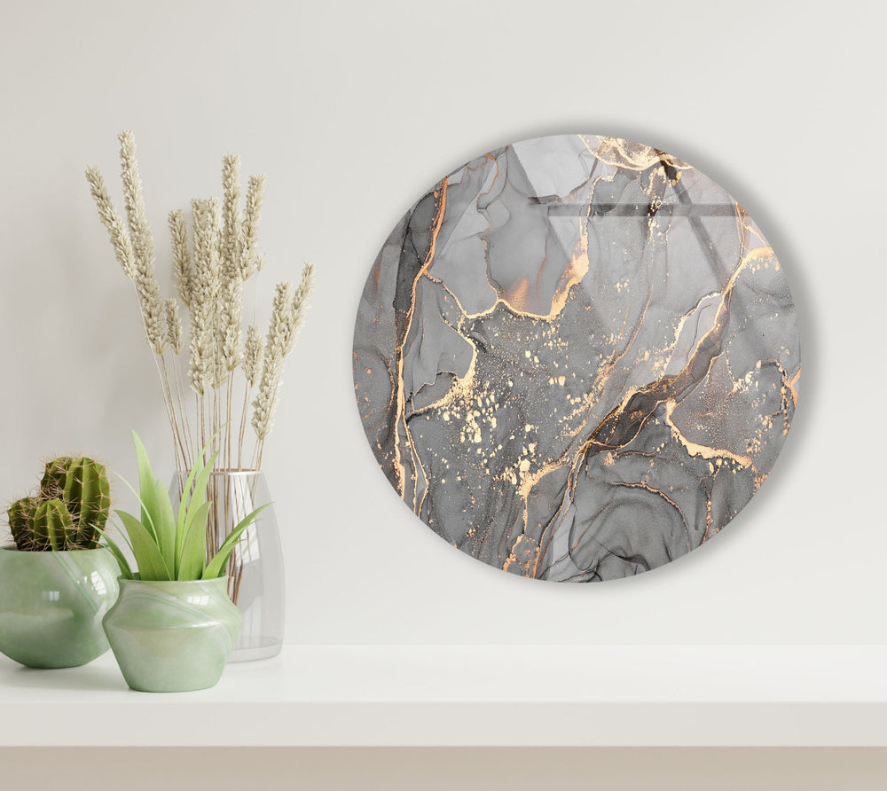 Gray & Gold Marble Round Glass Wall Art glass wall decor, glass wall art decor
