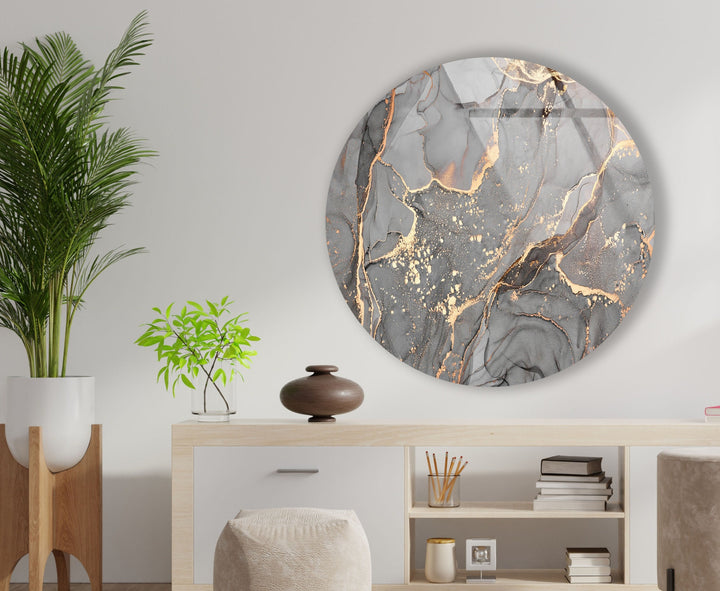 Gray & Gold Marble Round Glass Wall Art glass art painting, glass art for the Wall
