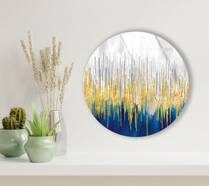 Gold Details with Blue Abstract Round Glass Wall Art