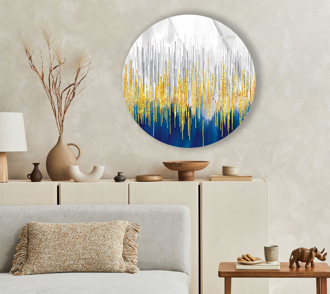 Gold Details with Blue Abstract Round Glass Wall Art glass pictures for Wall, glass prints wall art