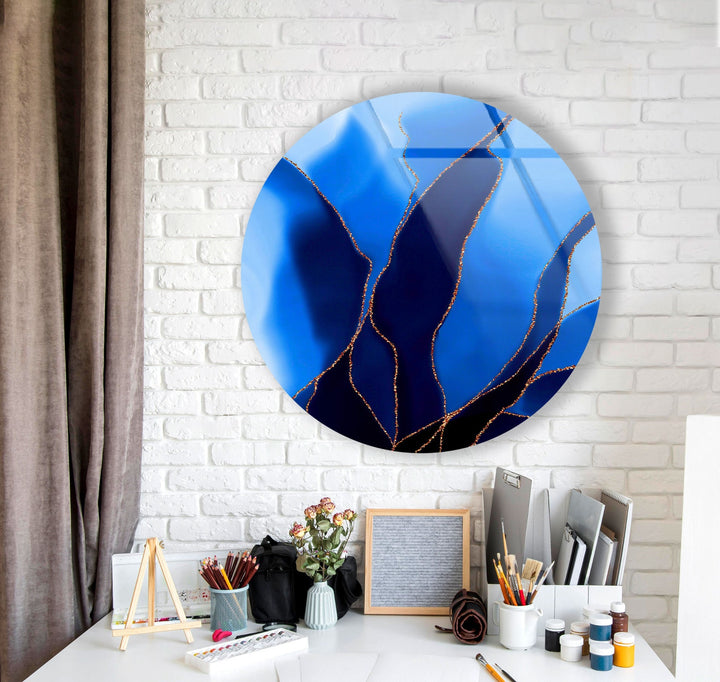 Abstract Round Black & Blue Glass Wall Art glass pictures for Wall, glass prints wall art
