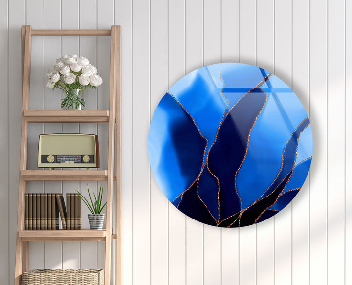 Abstract Round Black & Blue Glass Wall Art picture on glass wall art, photos printed on glass
