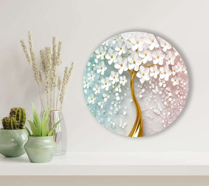 Tree with Golden Trunk Round Glass Wall Art art glass wall art, glass wall art pictures