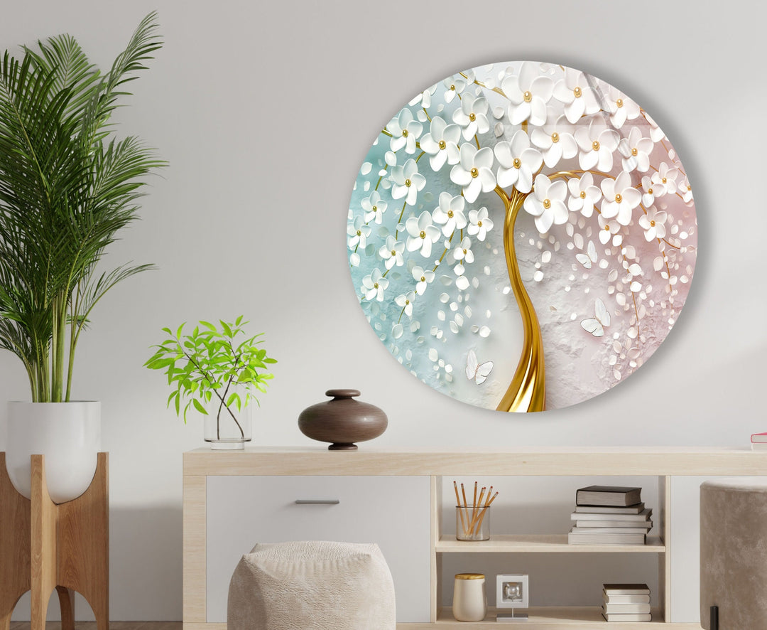 Tree with Golden Trunk Round Glass Wall Art Glass Printing Wall Art, Print photos on glass