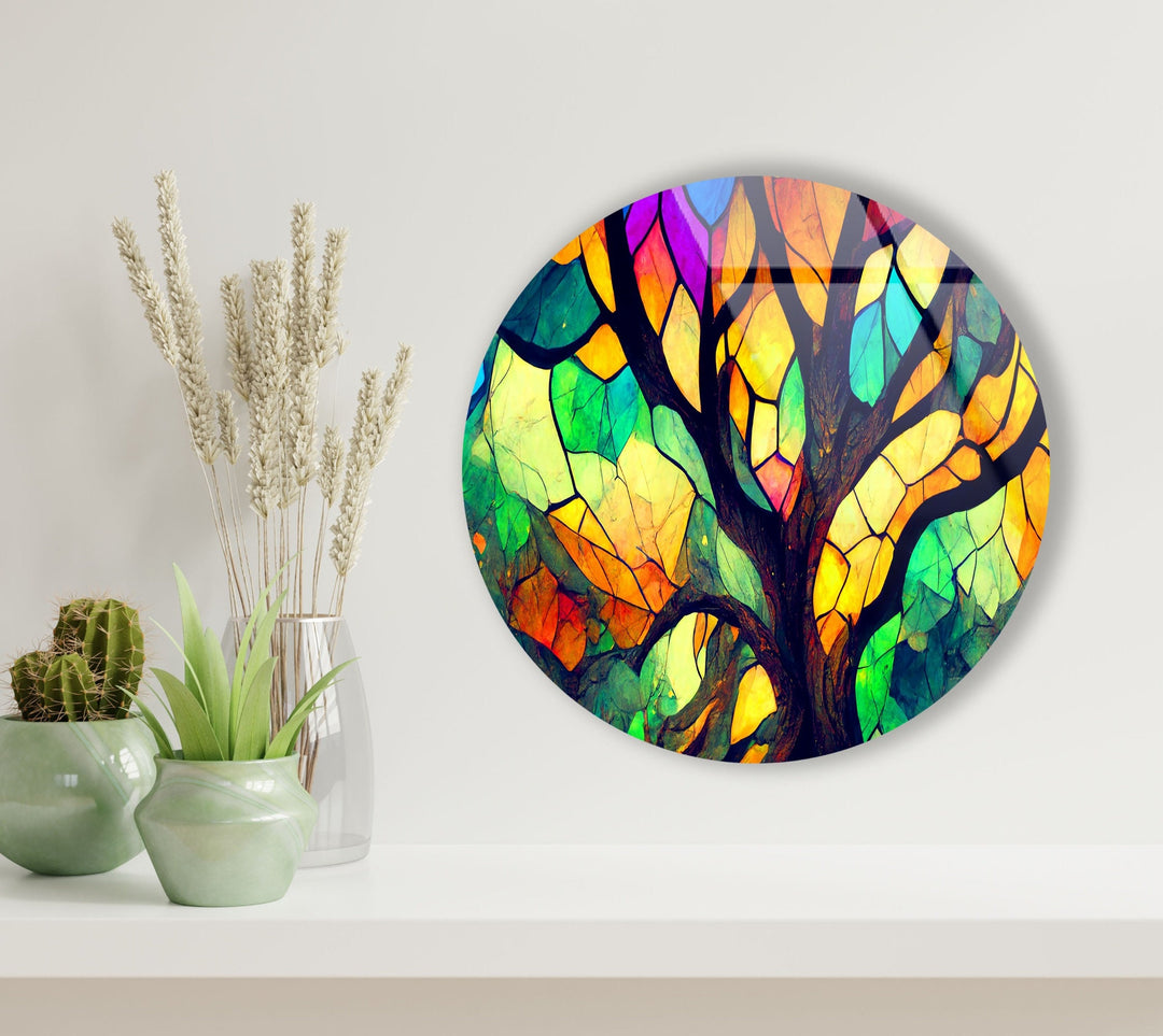 Stained Round Brown & Yellow Glass Wall Art Glass Printing Wall Art, Print photos on glass
