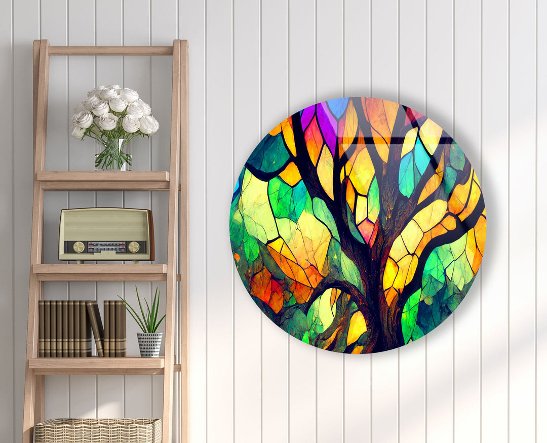 Stained Round Brown & Yellow Glass Wall Art custom glass pictures, glass art prints
