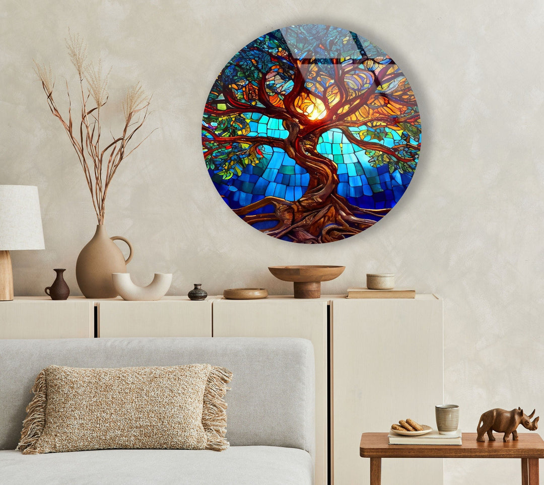 Stained Tree of Life Round Glass Wall Art print on glass, glass printed photos