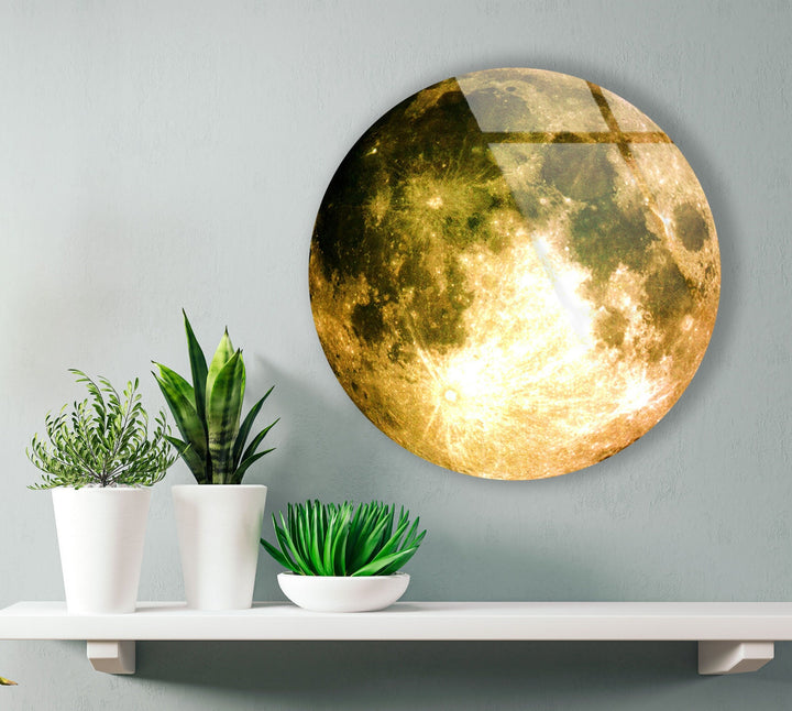 Moon Patterned Golden Abstract Round Glass Wall Art large glass photo prints, glass wall photos
