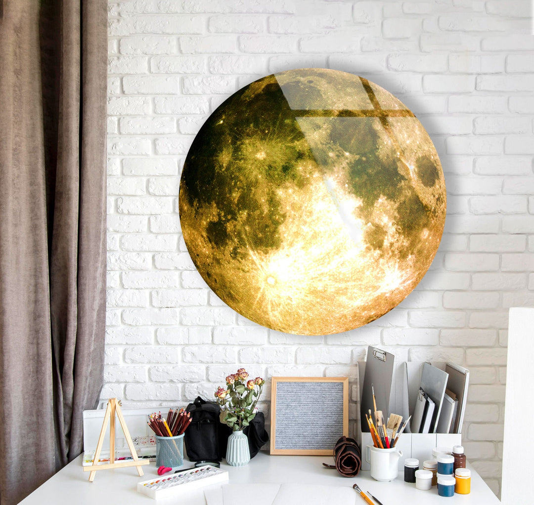 Moon Patterned Golden Abstract Round Glass Wall Art photo print on glass, prints on glass wall art
