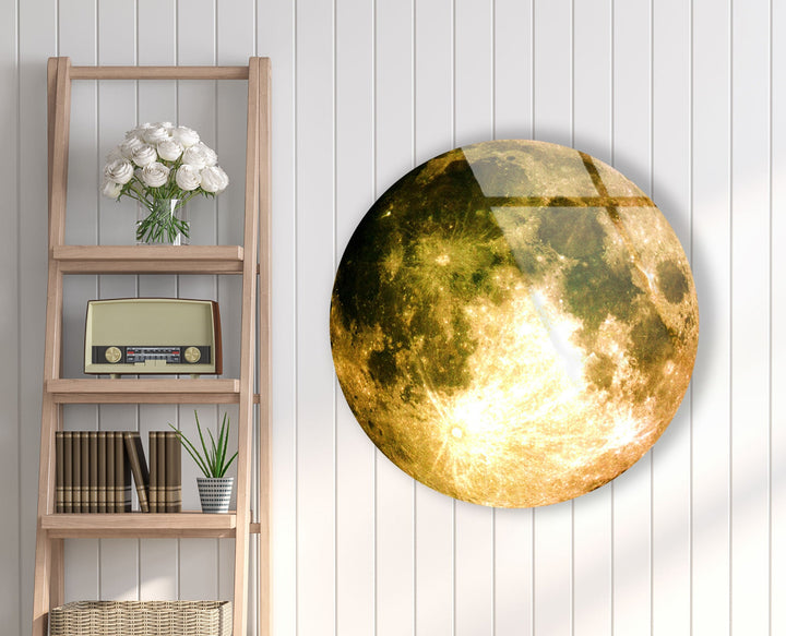 Moon Patterned Golden Abstract Round Glass Wall Art glass photo prints, glass picture prints
