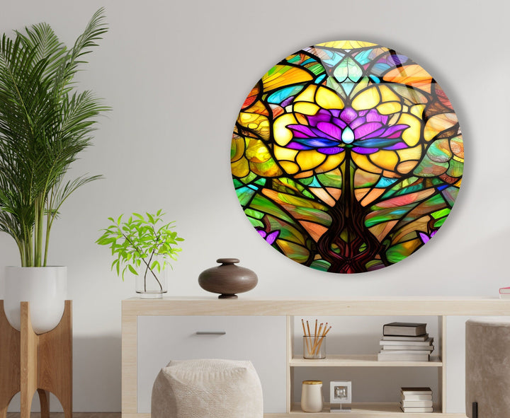 Stained Round Purple Lotus Glass Wall Art glass art painting, glass art for the Wall
