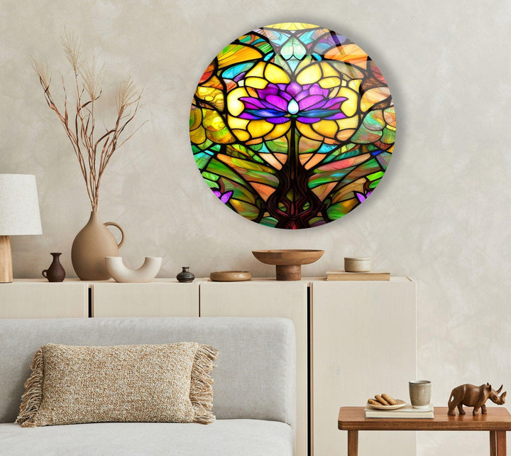 Stained Round Purple Lotus Glass Wall Art glass photo prints, glass picture prints
