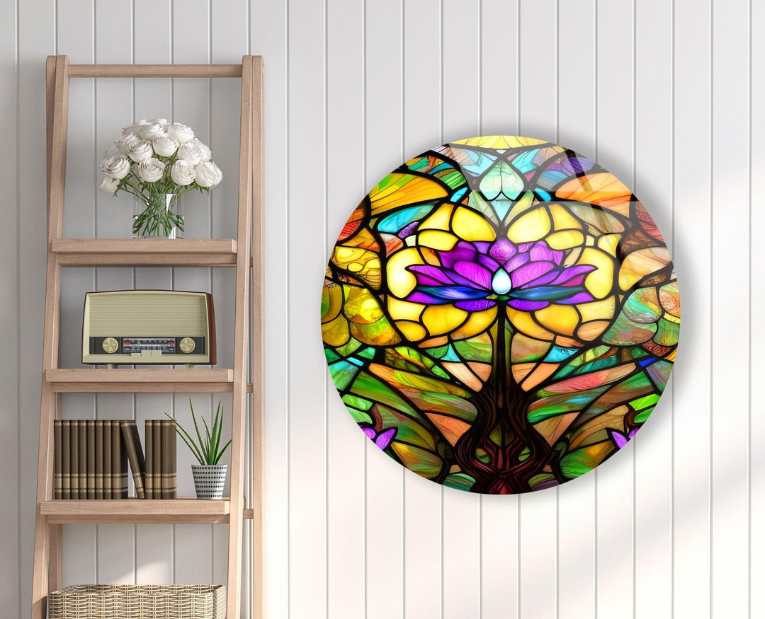 Stained Round Purple Lotus Glass Wall Art glass pictures for Wall, glass prints wall art
