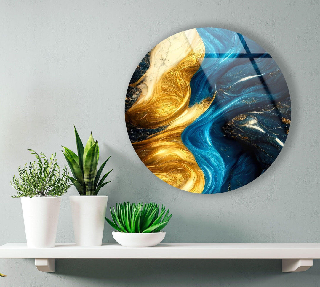 Marble Round Yellow & Blue Glass Wall Art art glass wall art, glass wall art pictures
