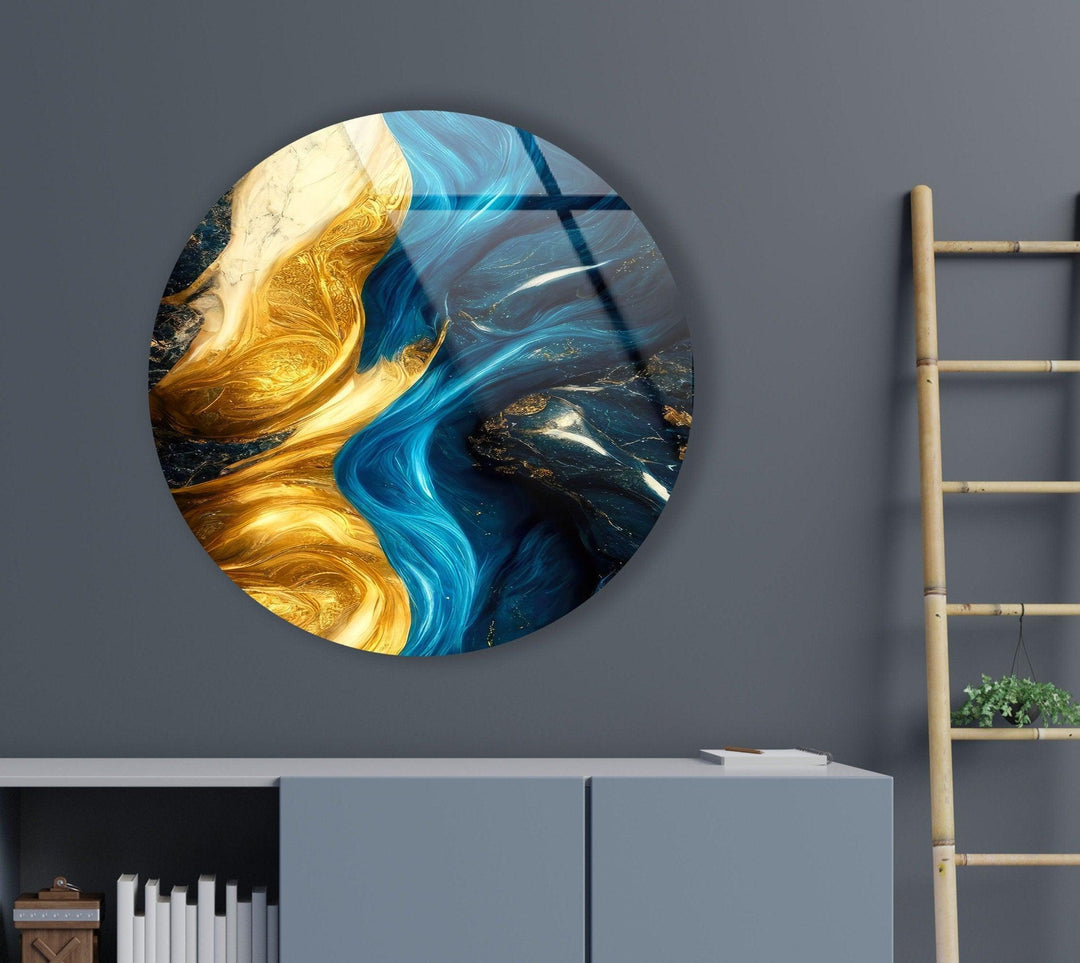 Marble Round Yellow & Blue Glass Wall Art glass photo prints, glass picture prints
