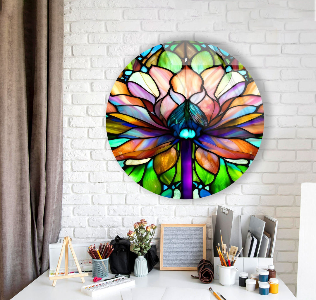 Stained Round Lotus Glass Wall Art Glass Printing Wall Art, Print photos on glass
