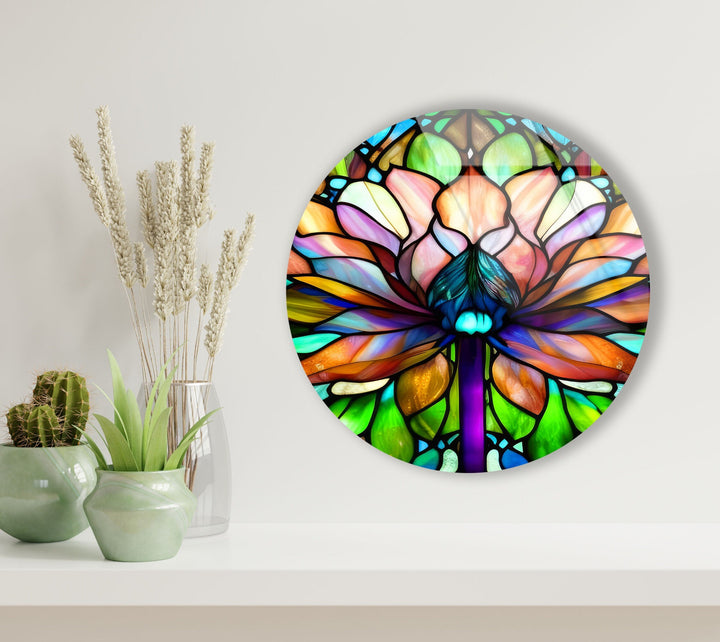 Stained Round Lotus Glass Wall Art glass image printing, glass prints from photos
